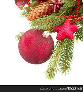 evergreen tree with red christmas decorations and cones. evergreen tree and red christmas decorations with pine cones border on white background