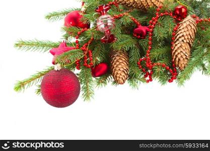 evergreen tree with red christmas decorations and cones. evergreen tree and red christmas decorations with pine cones on white background