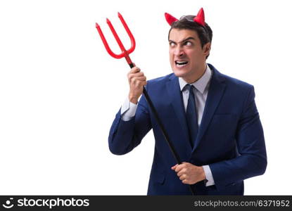 Evil devil businessman with pitchfork isolated on white background. Evil devil businessman with pitchfork isolated on white backgrou