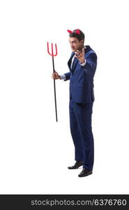 Evil devil businessman with pitchfork isolated on white background. Evil devil businessman with pitchfork isolated on white backgrou