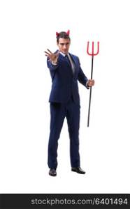 Evil devil businessman with pitchfork isolated on white background. Evil devil businessman with pitchfork isolated on white backgrou