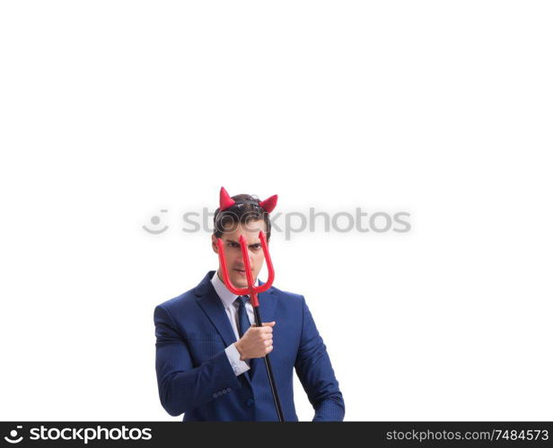 Evil devil businessman with pitchfork isolated on white background. Evil devil businessman with pitchfork isolated on white backgrou