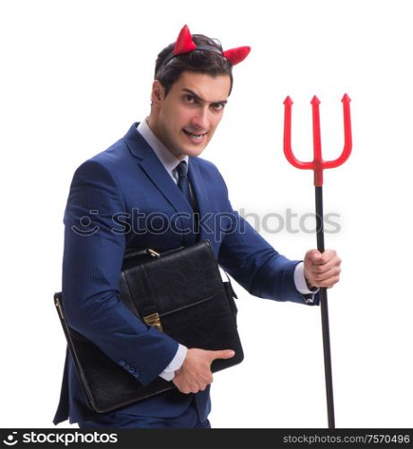 Evil devil businessman with pitchfork isolated on white background. Evil devil businessman with pitchfork isolated on white backgrou