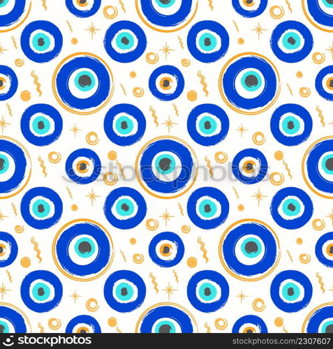 Evil eye seamless pattern. Symbol of protection in Turkey and Greece. Background with blue nazar talismans. Vector amulet.. Evil eye seamless pattern. Symbol of protection in Turkey and Greece. Background with blue nazar talismans. Vector amulet