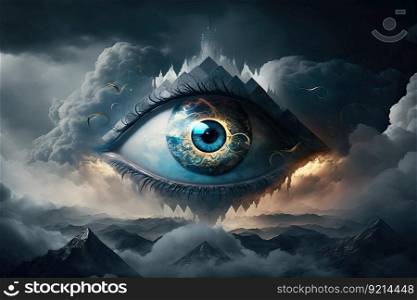 evil eye surrounded by clouds and lightning, symbolizing the power of a storm, created with generative ai. evil eye surrounded by clouds and lightning, symbolizing the power of a storm