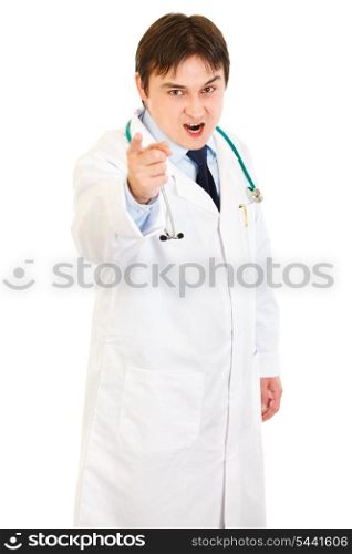 Evil medical doctor shaking his finger isolated on white&#xA;