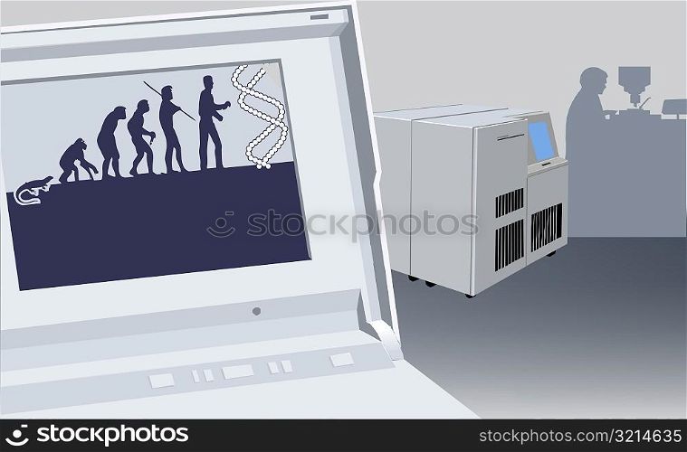 Evolution of a man depicted on a laptop screen