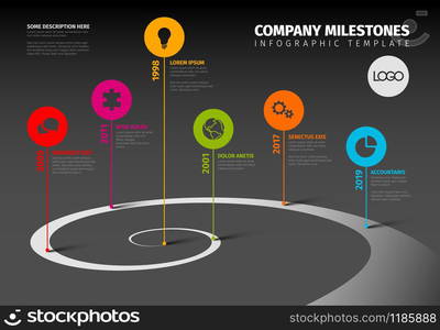 Evolution timeline template with spiral model and icons - dark version. Evolution timeline template