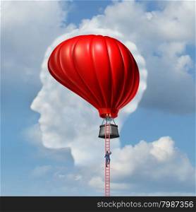 Examining the brain medical concept or business aspiration metaphor as a man climbing or descending a ladder to an air balloon shaped as a human brain as a symbol for the freedom of intelligent thinking.
