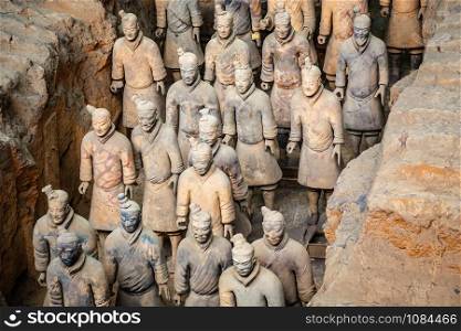 Excavated sculptures statues of the terracota army soldiers of Qin Shi Huang emperor, Xian, Shaanxi, China