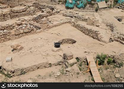 Excavation at archaeological site in Athens, Greece. Ruins of an ancient structure.