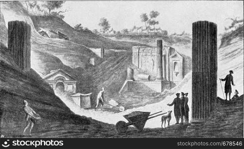 Excavations discovering the Temple of Isis in Pompei, vintage engraved illustration. From the Universe and Humanity, 1910.