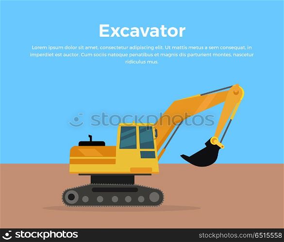 Excavator Banner Flat Design Vector Illustration. Excavator vector banner. City building flat design concept. Construction machine in career. Extraction, transport, moving materials, earthworks illustration for advertise, infographic, web design.