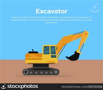Excavator Banner Flat Design Vector Illustration. Excavator vector banner. City building flat design concept. Construction machine in career. Extraction, transport, moving materials, earthworks illustration for advertise, infographic, web design.