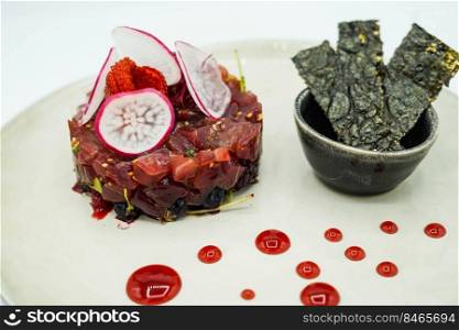 Excellent gourmet dish of tuna tartar and crispy nori