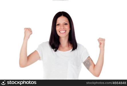 Excited brunette woman celebrating a triumph - isolated over a white background