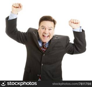 Excited businessman rasing his arms and cheering joyfully. Isolated on white.