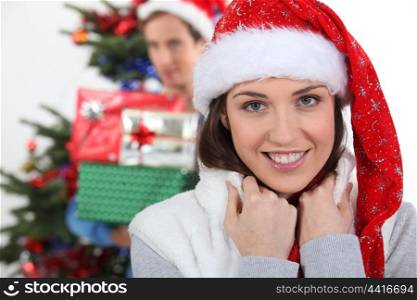Excited couple at Christmas