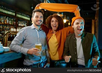 Excited diverse millennial friends gather in sports bar to watch football match online. Overjoyed hopeful fans cheering favorite team for win in game. Excited diverse millennial friends gather in bar to watch football match
