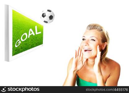 Excited football fan beautiful happy girl watching match on the screen