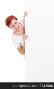 excited from behind white board. young woman looking excited from behind a white board