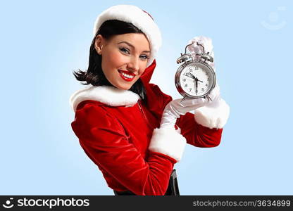 excited girl with santa hat holding clock. illustration