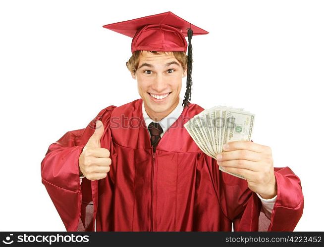 Excited graduate holding a fist full of cash for college and giving a thumbs-up sign. Isolated on white.