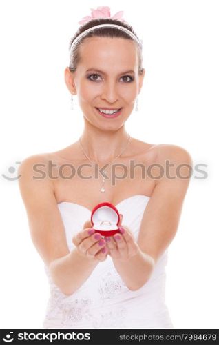Excited happy bride holding showing engagement ring box. Surprised woman in white wedding dress isolated on white background.. Happy bride woman showing engagement ring box.