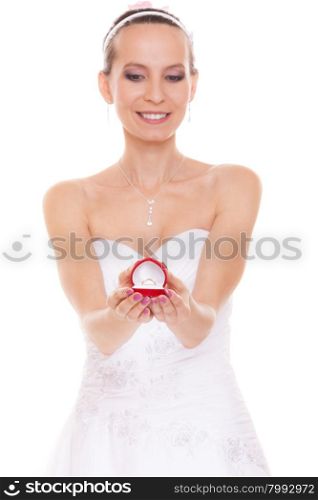 Excited happy bride holding showing engagement ring box. Surprised woman in white wedding dress isolated on white background.. Excited bride woman showing engagement ring box.