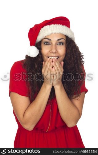 Excited pretty woman in Christmas isolated on white background