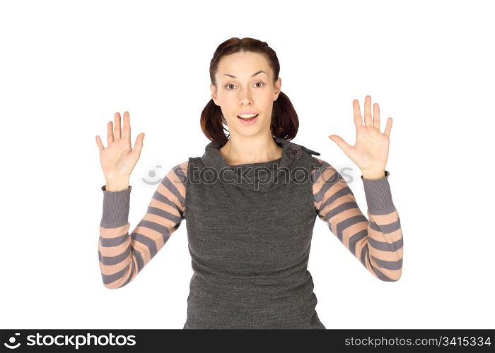 Excited pretty young woman with hands up pose isolated on white background
