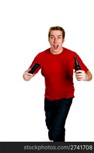 Excited sports fan in a red shirt and jeans, holding a beer in one hand and a TV remote control in the other, watching the big game. Studio shot isolated on white.