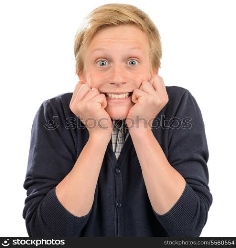 Excited teenage boy standing against white background