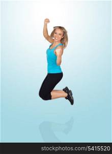 Excited Woman Jumping Isolated On Blue Background