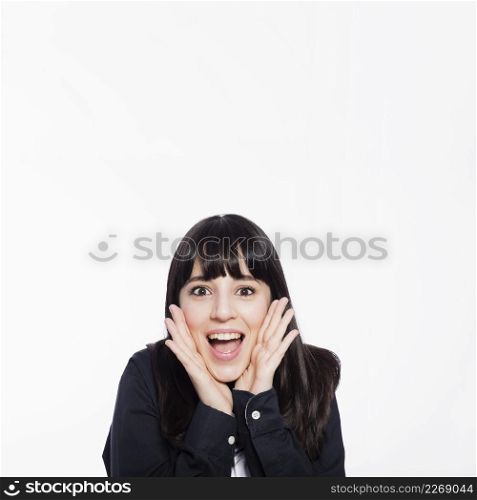 excited woman looking camera