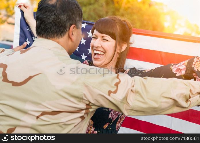 Excited Woman With American Flag Runs to Male Military Soldier Returning Home.