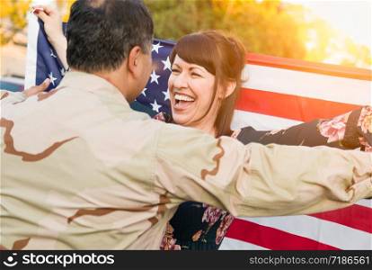 Excited Woman With American Flag Runs to Male Military Soldier Returning Home.