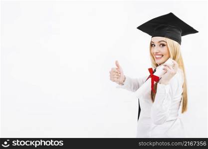 excited woman with diploma paper white