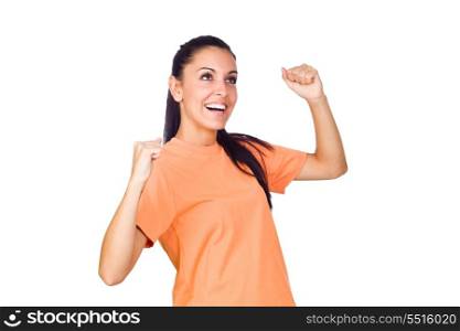 Excited Young Girl Smiling with Hands Raised Isolated on White