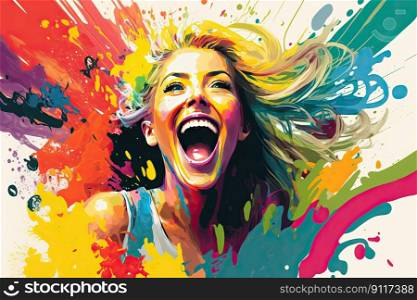 Excited young woman laughing on a splashed colors. Generative AI