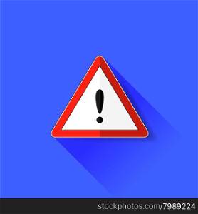 Exclamation Danger Sign Isolated on Blue Background. Long Shadow. Exclamation Danger Sign