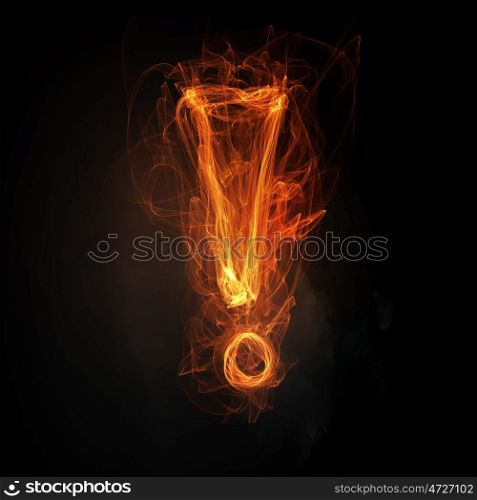 Exclamation light sign. Glowing exclamation mark symbol on dark background