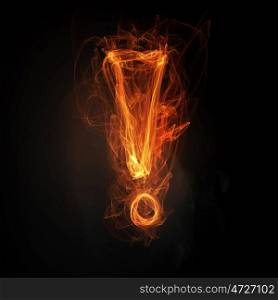 Exclamation light sign. Glowing exclamation mark symbol on dark background