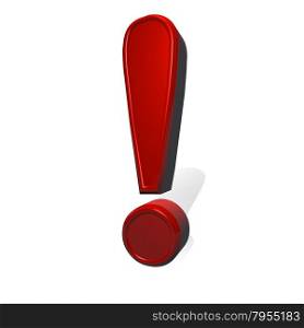 Exclamation point sign in red metal material, 3d render, isolated over white, square image