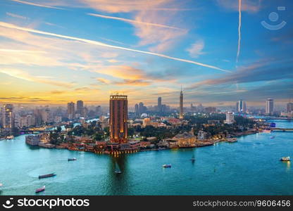 Exclusive aerial view of the Nile and downtown island of Cairo, Egypt.