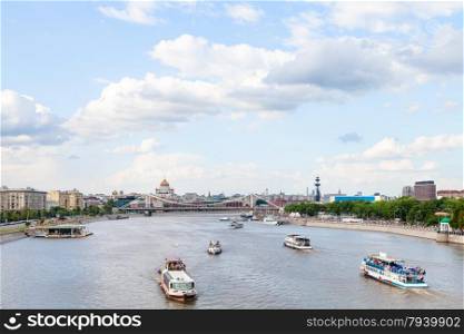 excursion ships in Moskva River near Crimean Bridge, Moscow, Russia