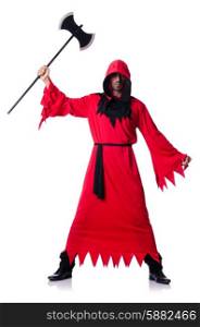Executioner in red costume with axe on white