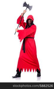 Executioner in red costume with axe on white