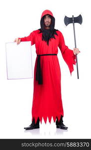 Executioner in red costume with axe on white