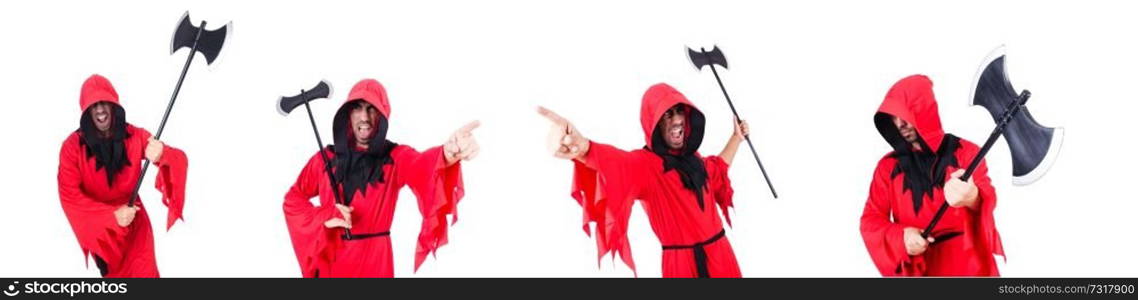 Executioner in red costume with axe on white